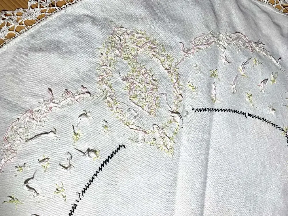 Embroidered Crochet Round  small table cloth vintage handmade beige yellow pink
